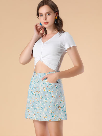 Daisy Floral Pockets A-Line Chambray Mini Skirt