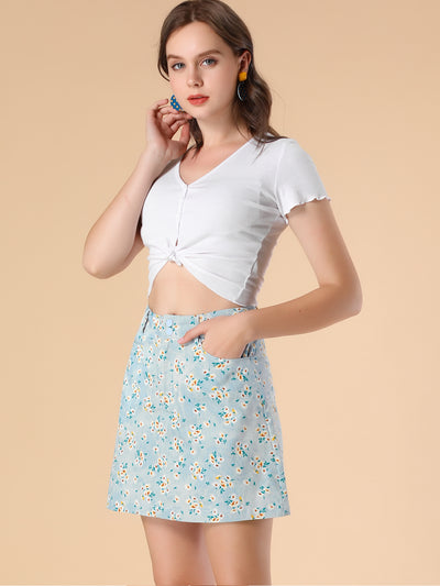 Allegra K Daisy Floral Pockets A-Line Chambray Mini Skirt