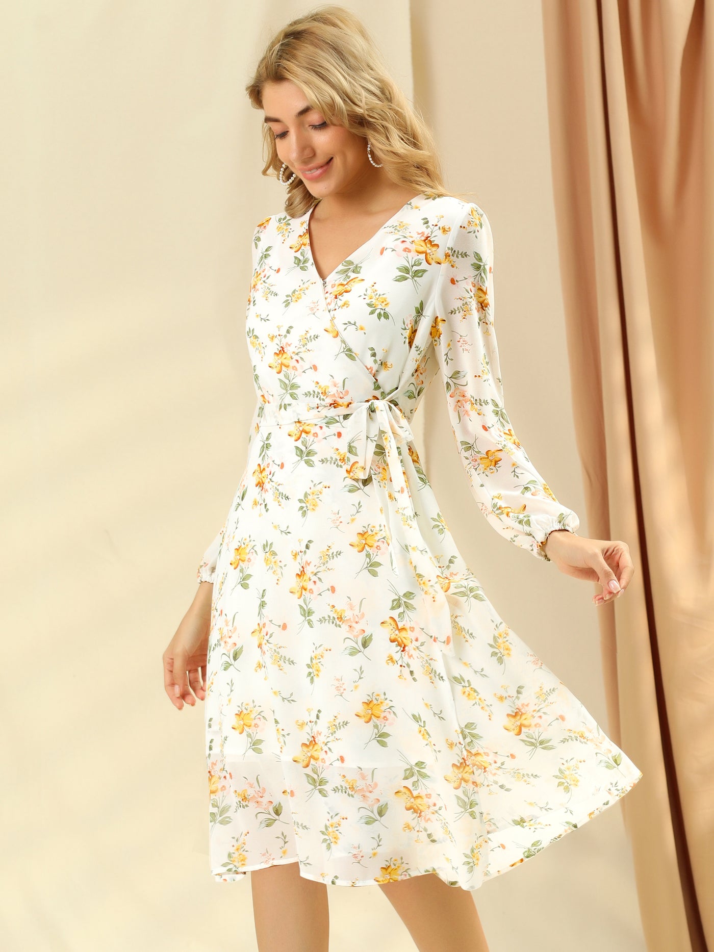 Allegra K Chiffon Floral V Neck Tie Waist Bishop Sleeve Casual Wrap Midi Dress