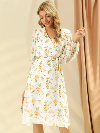 Chiffon Floral V Neck Tie Waist Bishop Sleeve Casual Wrap Midi Dress