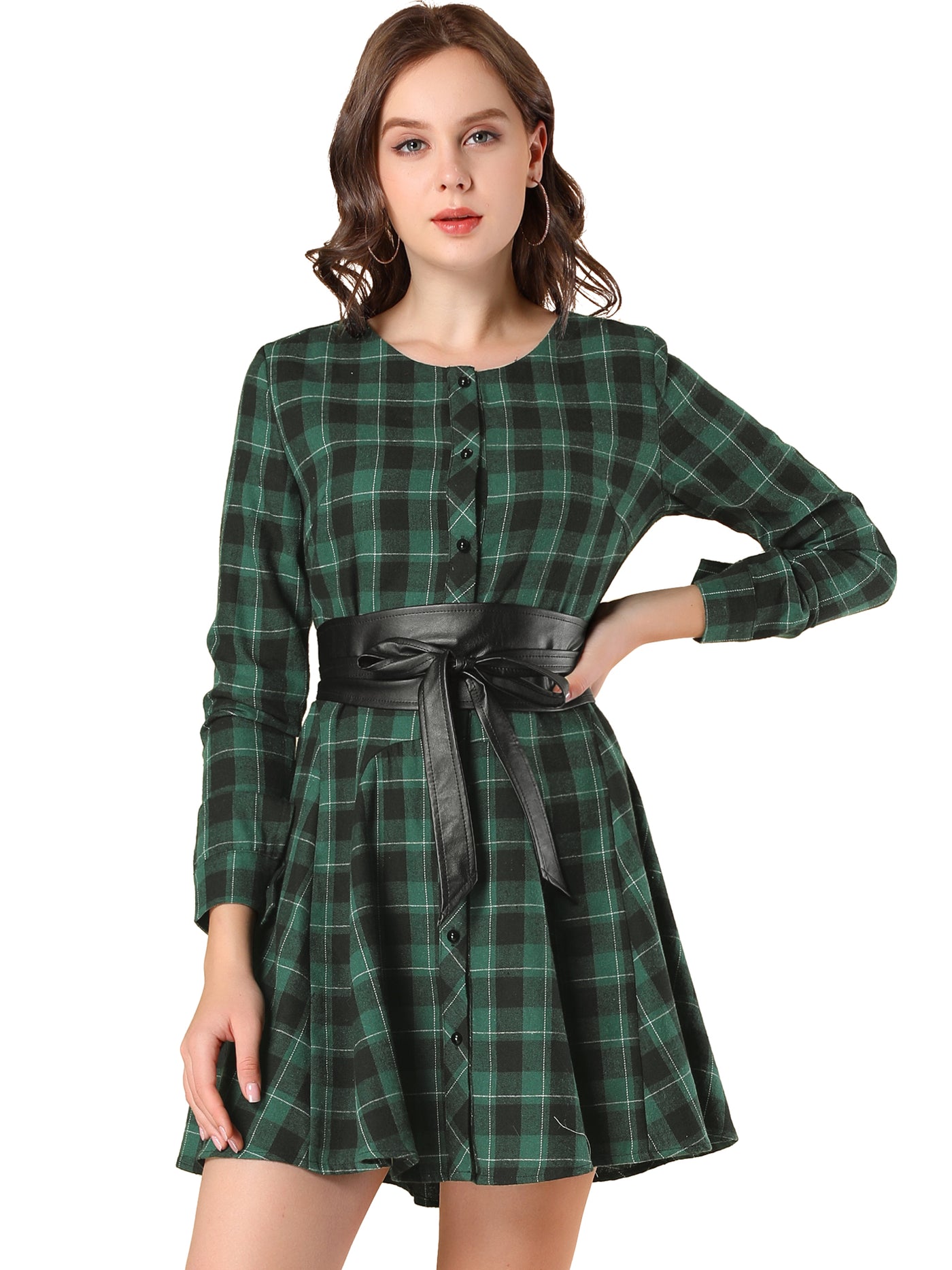 Allegra K Plaid Long Sleeve Button Down Belted Mini Shirtdress