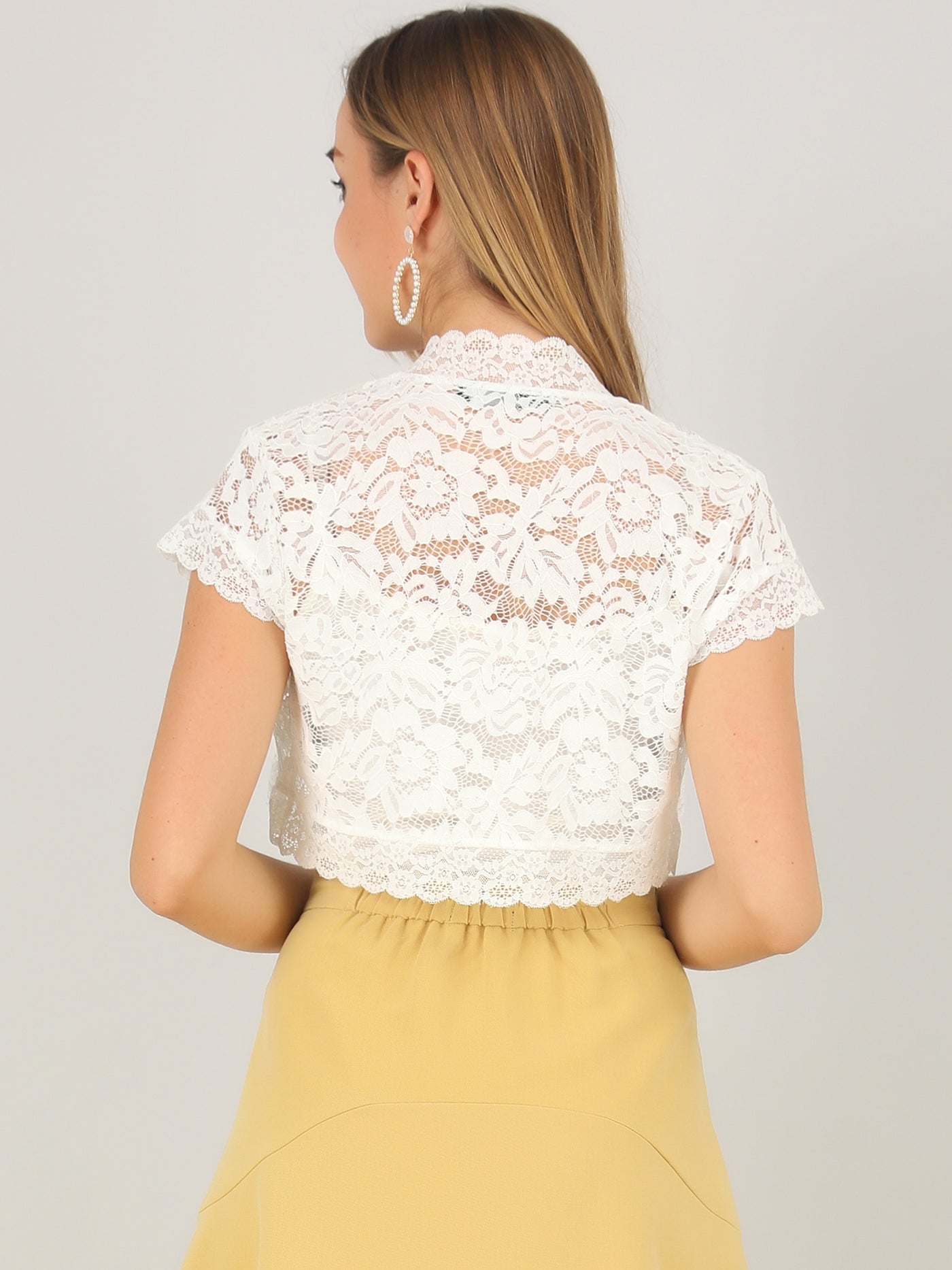 Allegra K Elegant Short Sleeve Sheer Floral Lace Shrug Top