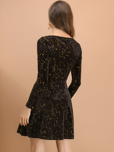 Christmas Stars Square Neck Vintage Velvet Mini Dress