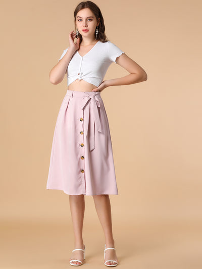 Button Front Casual High Waist Belted Midi Flare Skirt