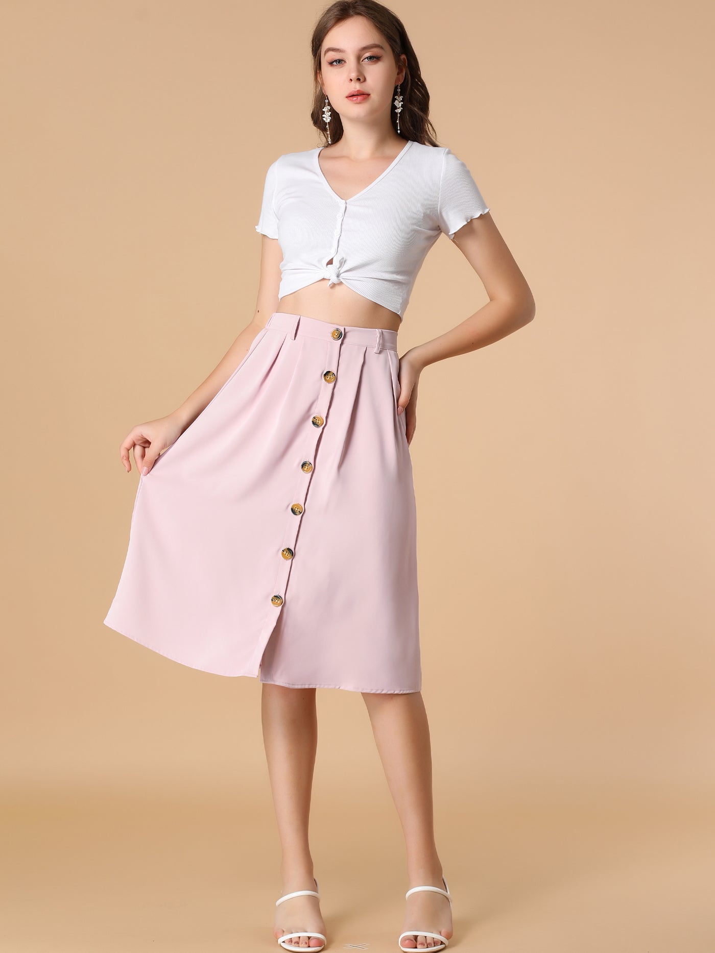 Allegra K Button Front Casual High Waist Belted Midi Flare Skirt