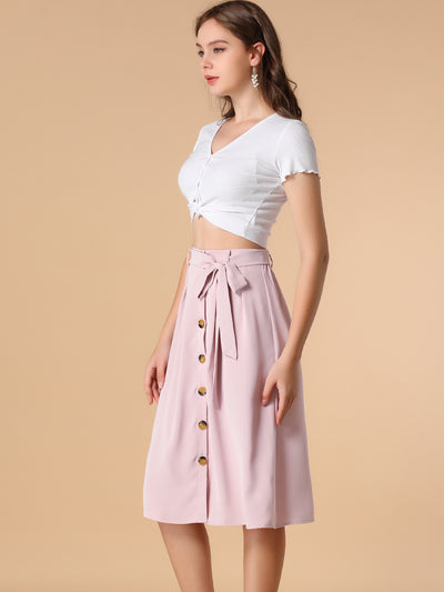 Button Front Casual High Waist Belted Midi Flare Skirt