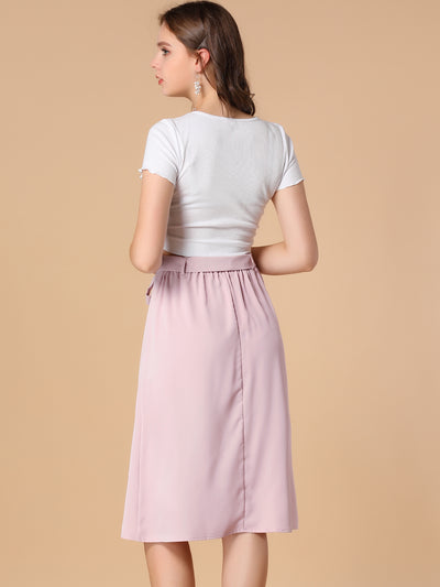 Button Front Casual High Waist Belted Midi Flare Skirt