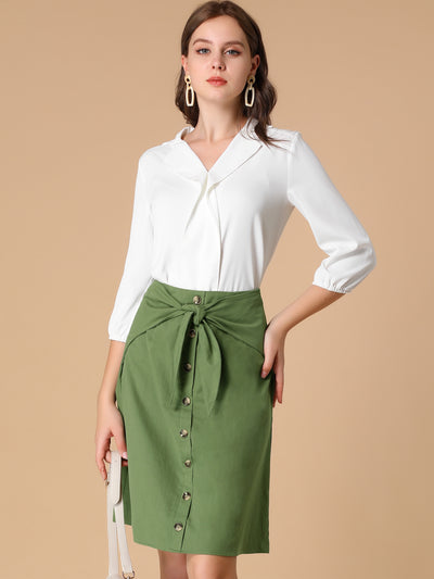 Allegra K Bow Tie Knot Buttons Decor High Waist Cotton A-line Skirt