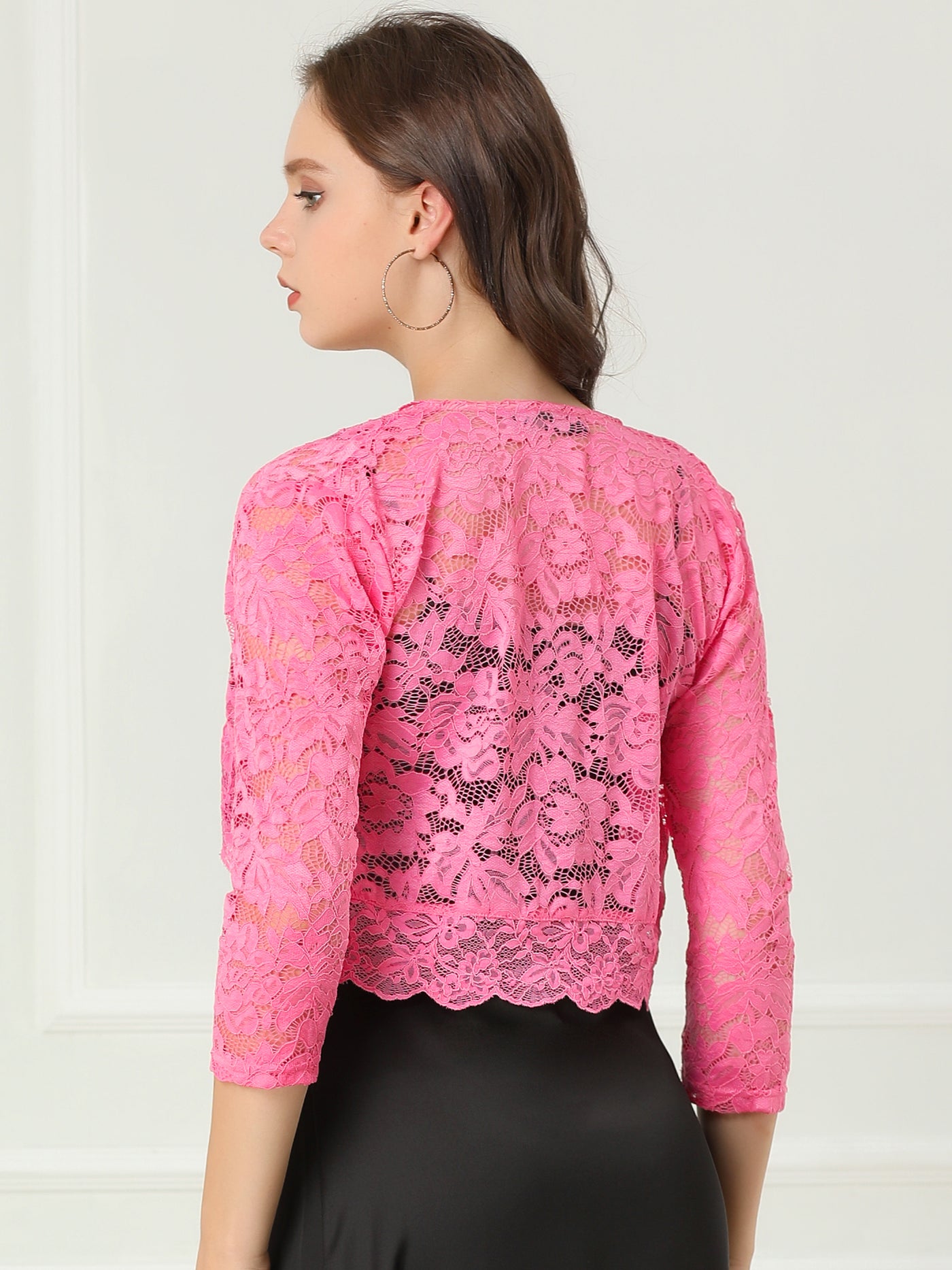 Allegra K Sheer Floral Elegant 3/4 Sleeve Lace Shrug