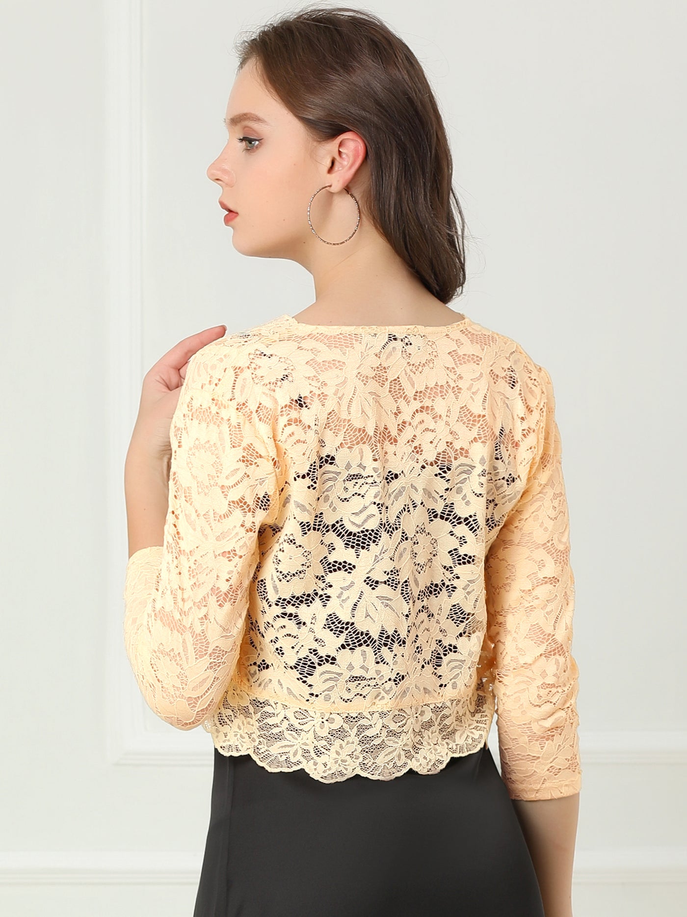 Allegra K Sheer Floral Elegant 3/4 Sleeve Lace Shrug