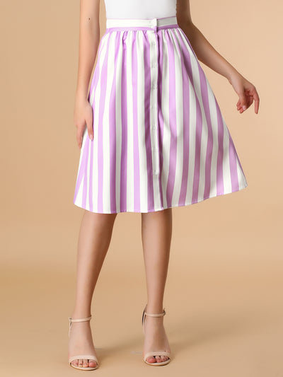 Striped Button Front Elastic Back Waist A-Line Midi Skirt