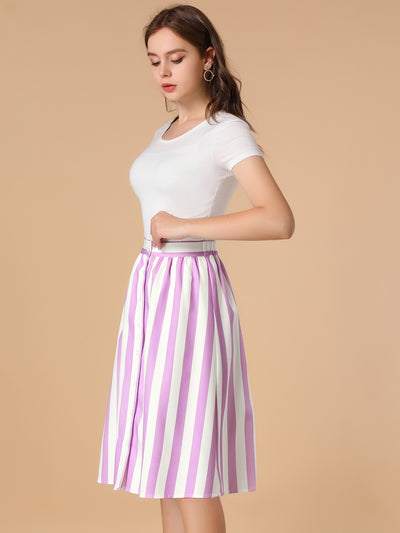 Striped Button Front Elastic Back Waist A-Line Midi Skirt