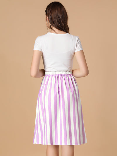 Striped Button Front Elastic Back Waist A-Line Midi Skirt