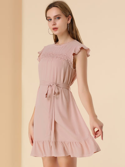 Ruffle Sleeve Round Neck Tie Belt Crochet A-Line Flowy Short Dress