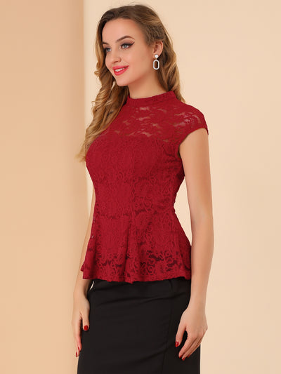 Crochet Peplum Floral Mock Neck Cap Sleeve Lace Blouse