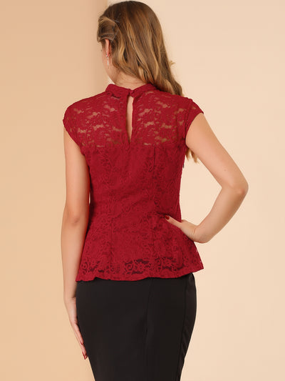 Crochet Peplum Floral Mock Neck Cap Sleeve Lace Blouse