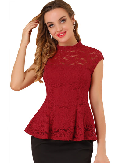 Crochet Peplum Floral Mock Neck Cap Sleeve Lace Blouse