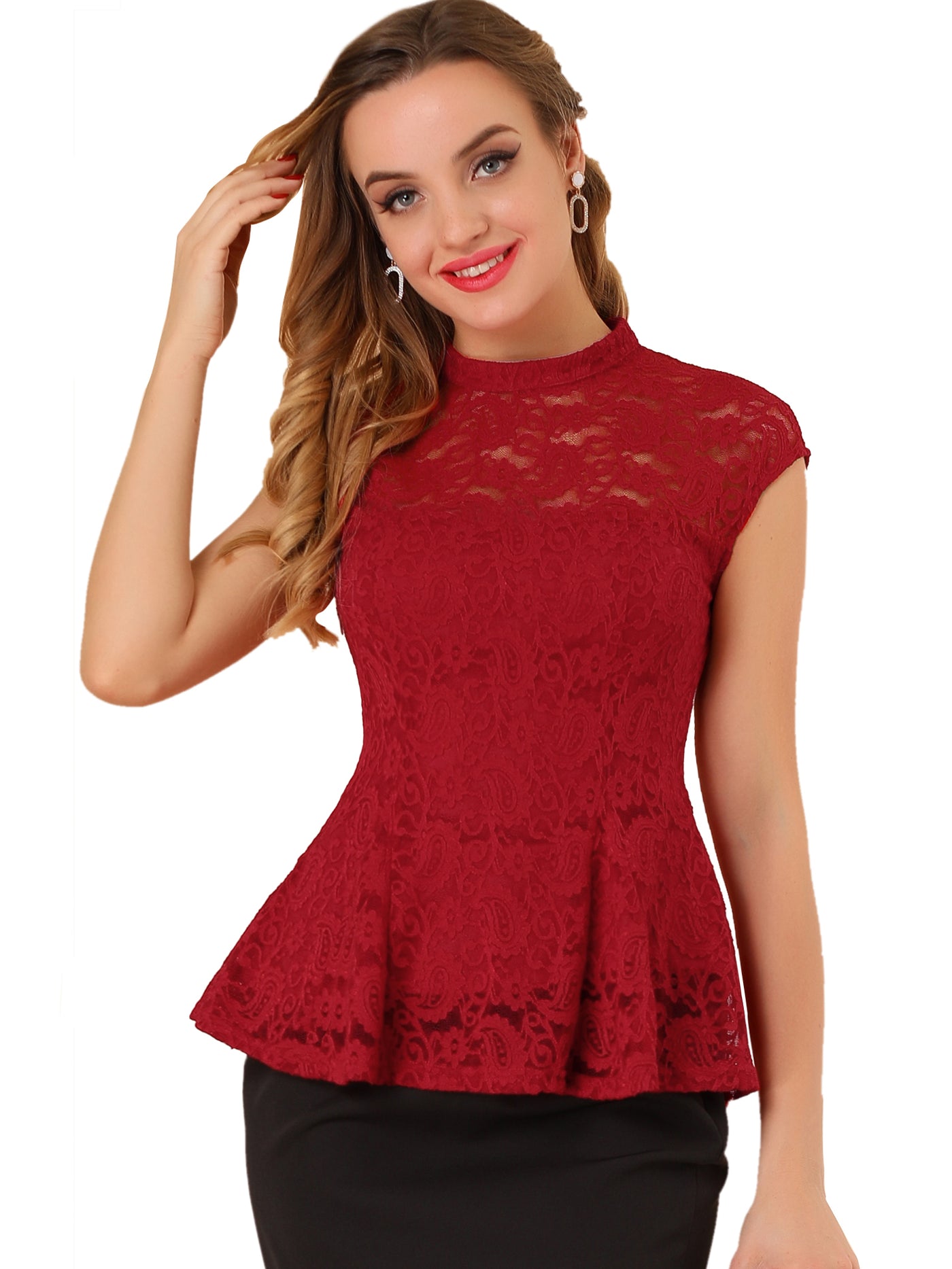 Allegra K Crochet Peplum Floral Mock Neck Cap Sleeve Lace Blouse