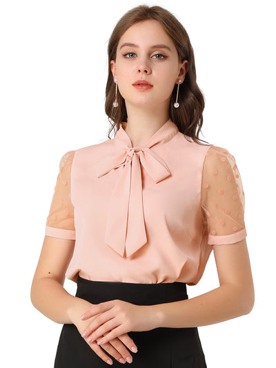 Bow Tie V Neck Stand Collar Short Mesh Sleeve Blouse