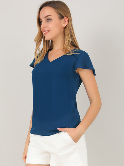 Chiffon Blouse Elegant V Neck Cap Sleeve Work Summer Top