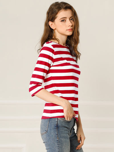 Striped Elbow Sleeve Round Neck Casual T-Shirt