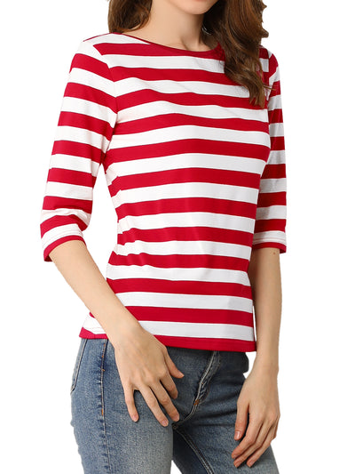 Striped Elbow Sleeve Round Neck Casual T-Shirt