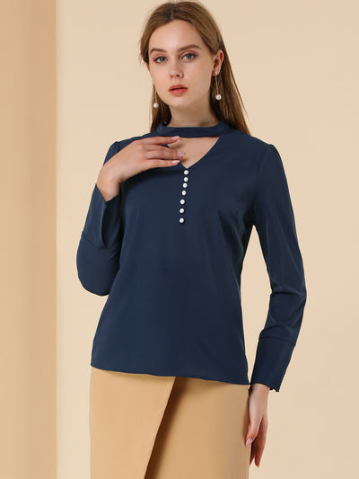 Choker Neck Cutout Button Decor Long Sleeve Chiffon Work Blouse