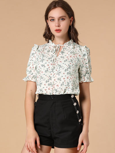 Ruffle Tie Neck Puff Short Sleeve Casual Floral Blouse Top