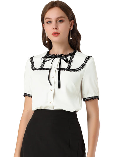 Short Sleeve Blouse Lace Panel Bow Tie Collar Button Down Shirt