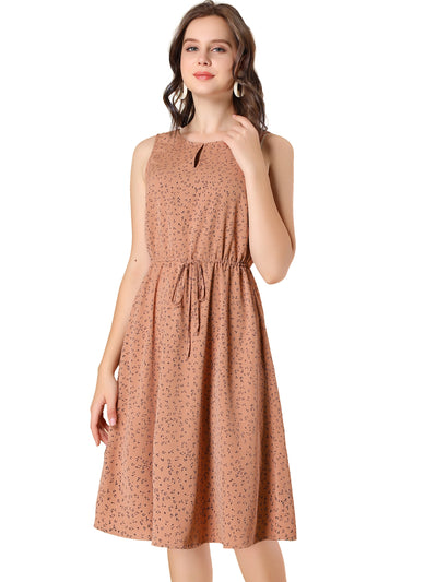 Floral Drawstring Waist Sleeveless A-Line Midi Dress Sundress