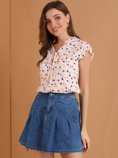 Ditsy Floral Print Chiffon Short Sleeve Ruffle Blouse