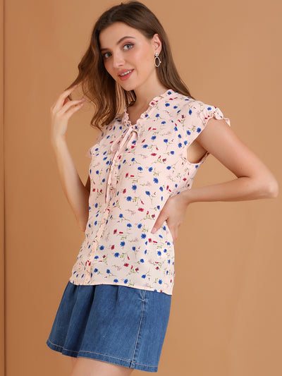 Ditsy Floral Print Chiffon Short Sleeve Ruffle Blouse