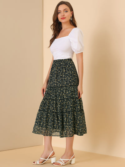 Chiffon Floral Printed Long Tiered Ruffle Boho Midi Skirt