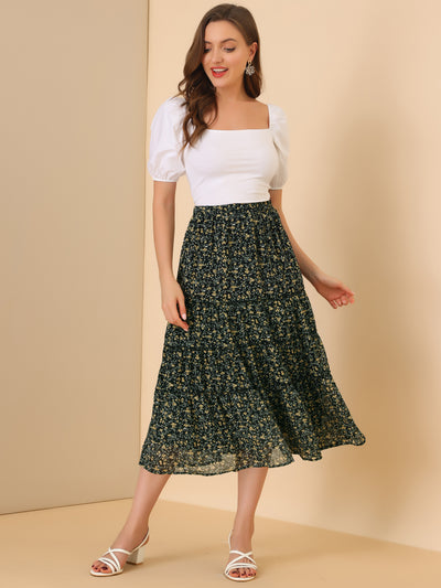 Chiffon Floral Printed Long Tiered Ruffle Boho Midi Skirt