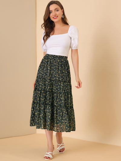 Chiffon Floral Printed Long Tiered Ruffle Boho Midi Skirt