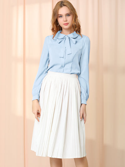 Peter Pan Collar Chiffon Bow Tie Neck Puff Sleeve Button Blouse