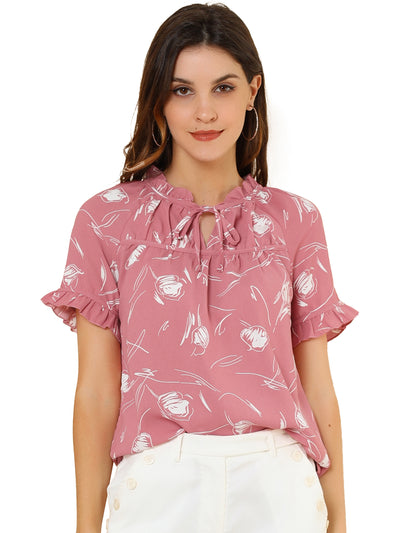 Floral Tie Neck Ruffle Short Sleeve Peasant Blouse Top