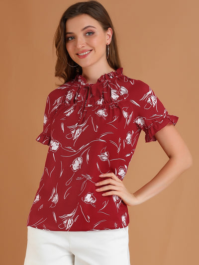 Floral Tie Neck Ruffle Short Sleeve Peasant Blouse Top