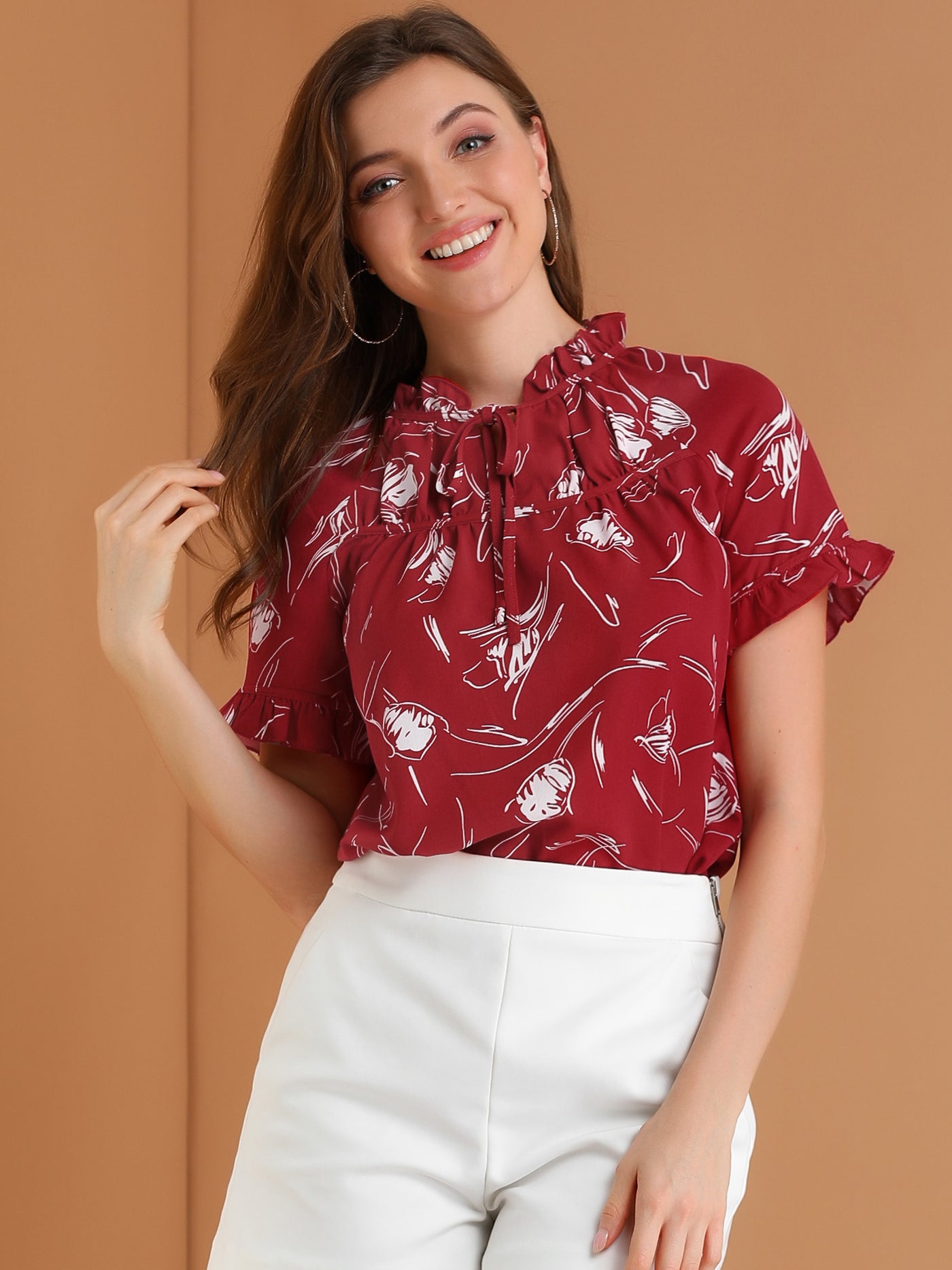 Allegra K Floral Tie Neck Ruffle Short Sleeve Peasant Blouse Top