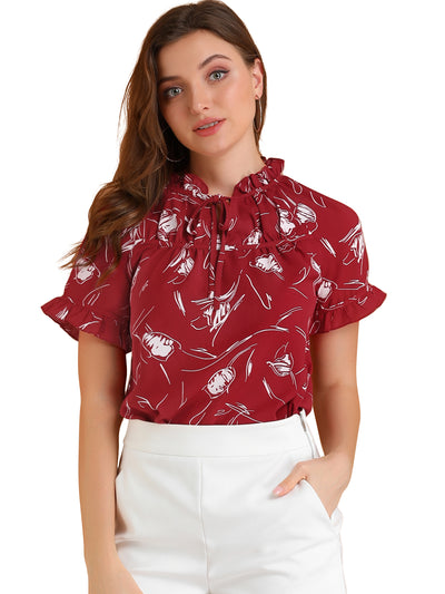 Floral Tie Neck Ruffle Short Sleeve Peasant Blouse Top