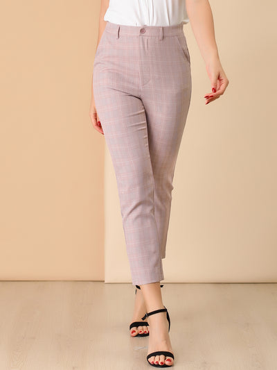 Plaid High Waist Elastic Back Office Work Ankle Pants