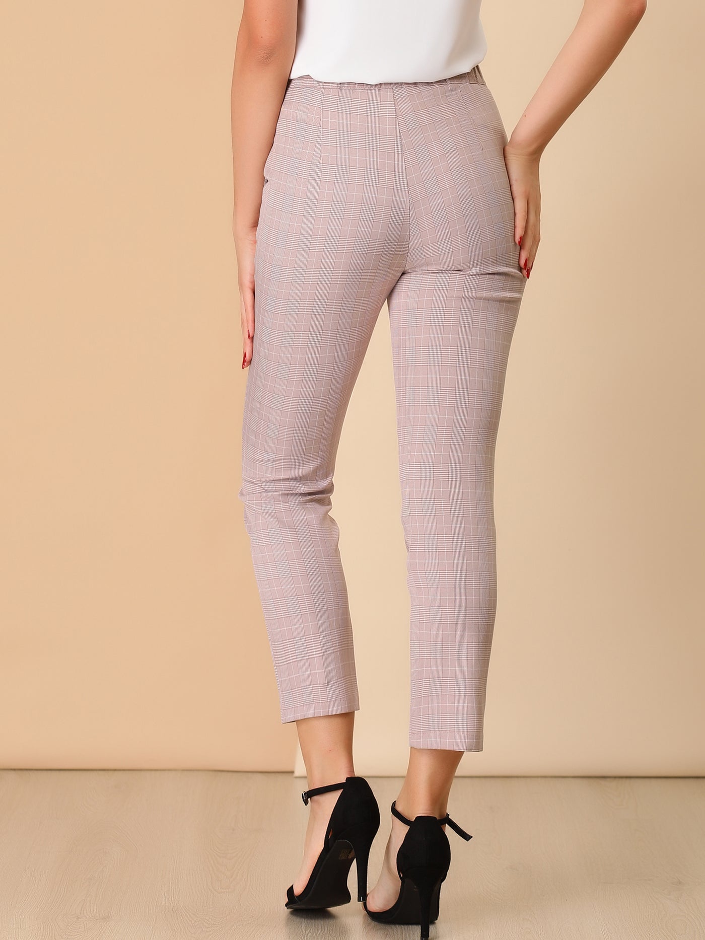 Allegra K Plaid High Waist Elastic Back Office Work Ankle Pants