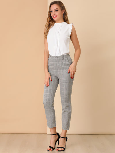 Plaid High Waist Elastic Back Office Work Ankle Pants