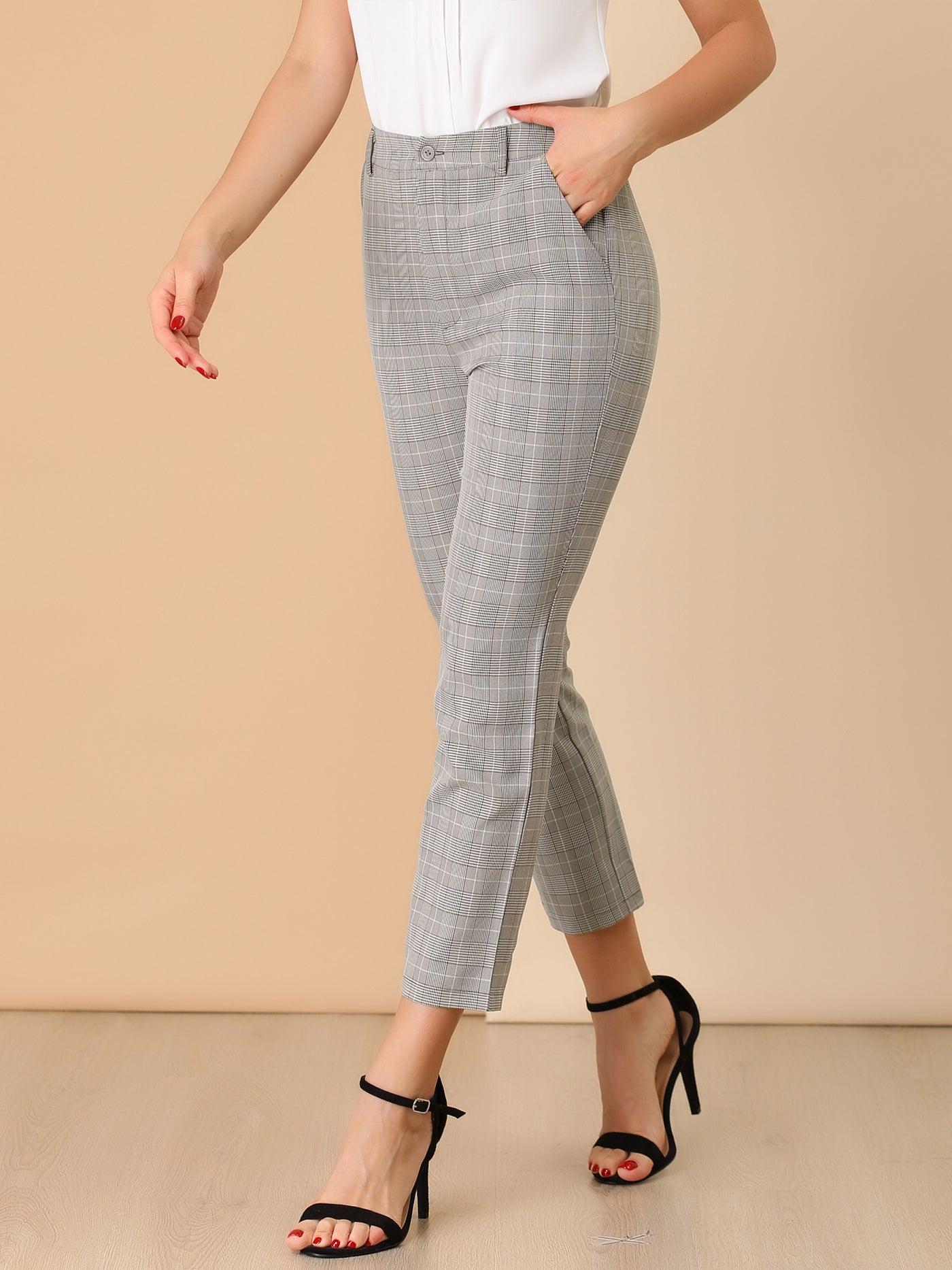 Allegra K Plaid High Waist Elastic Back Office Work Ankle Pants