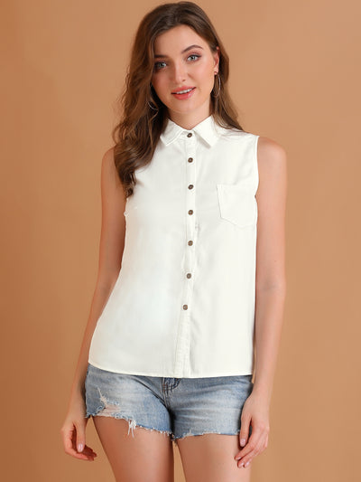 Denim Collar Button Down Casual Office Sleeveless Shirt