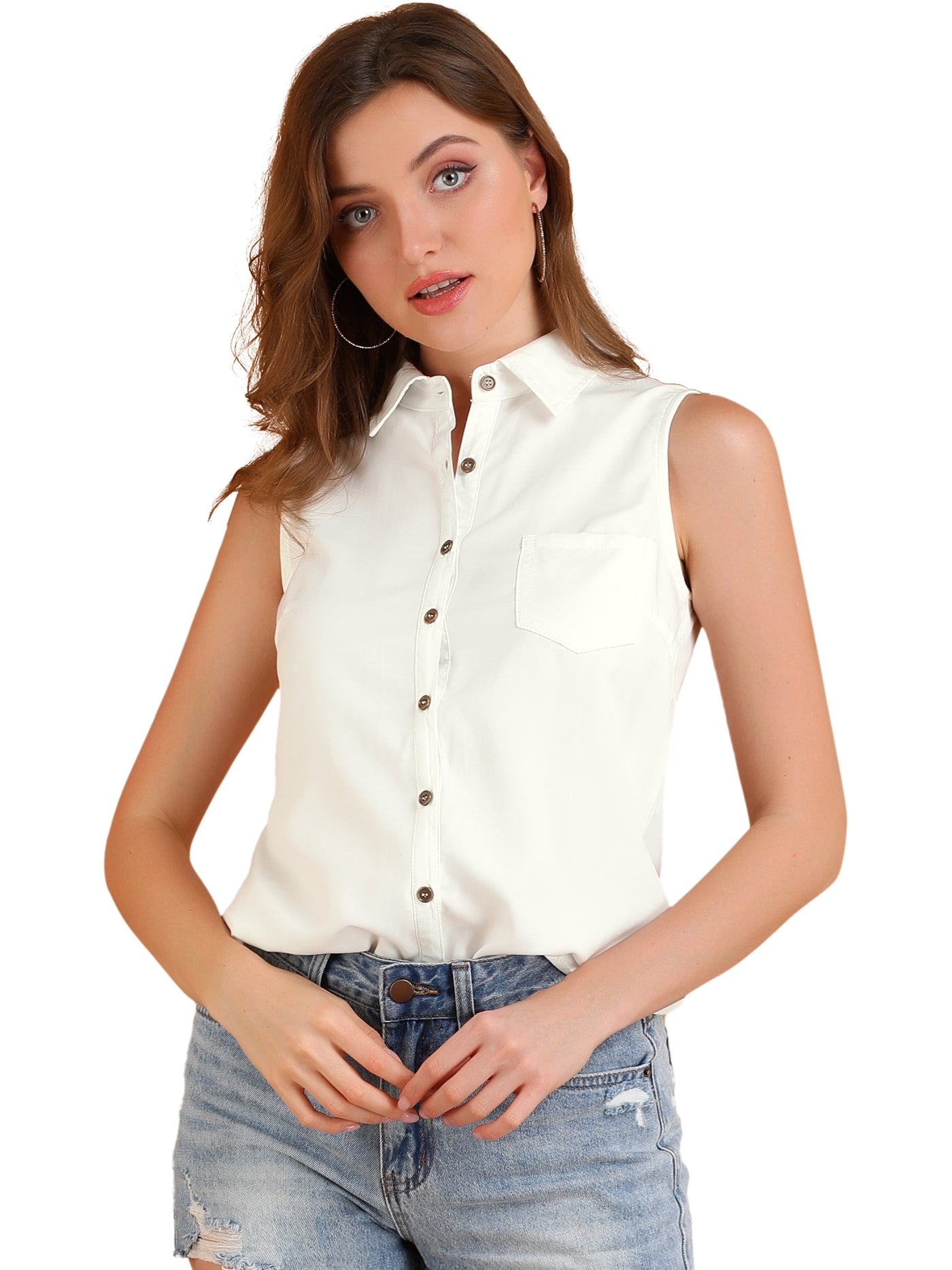 Allegra K Denim Collar Button Down Casual Office Sleeveless Shirt