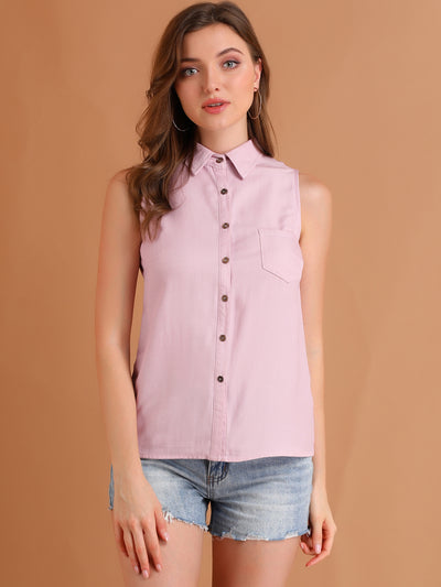 Denim Collar Button Down Casual Office Sleeveless Shirt