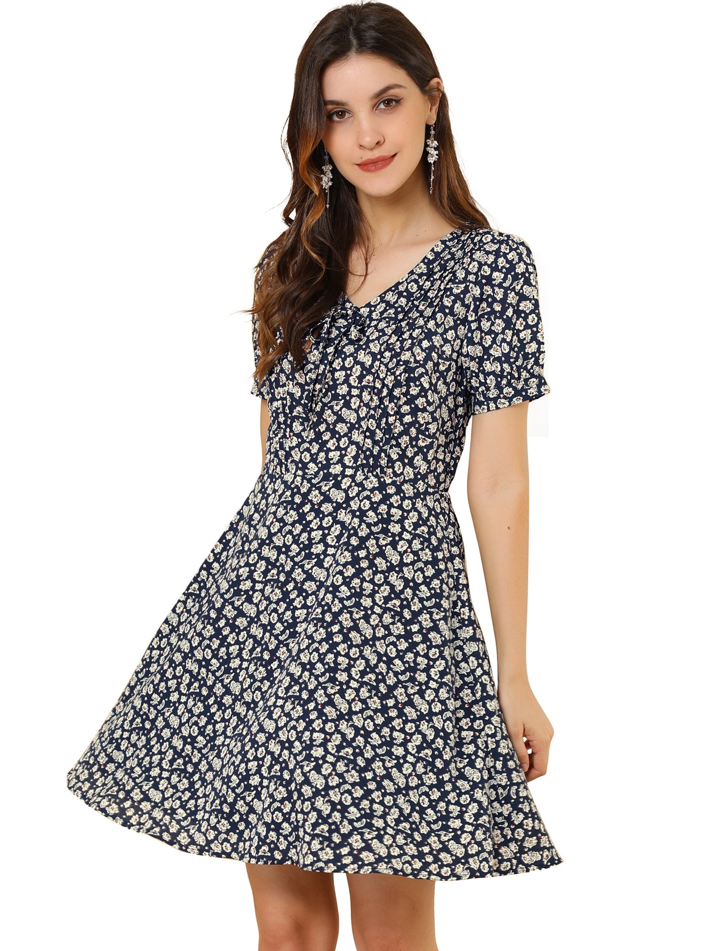 Allegra K Floral Printed Pleated Front Cute A-Line Summer Dress