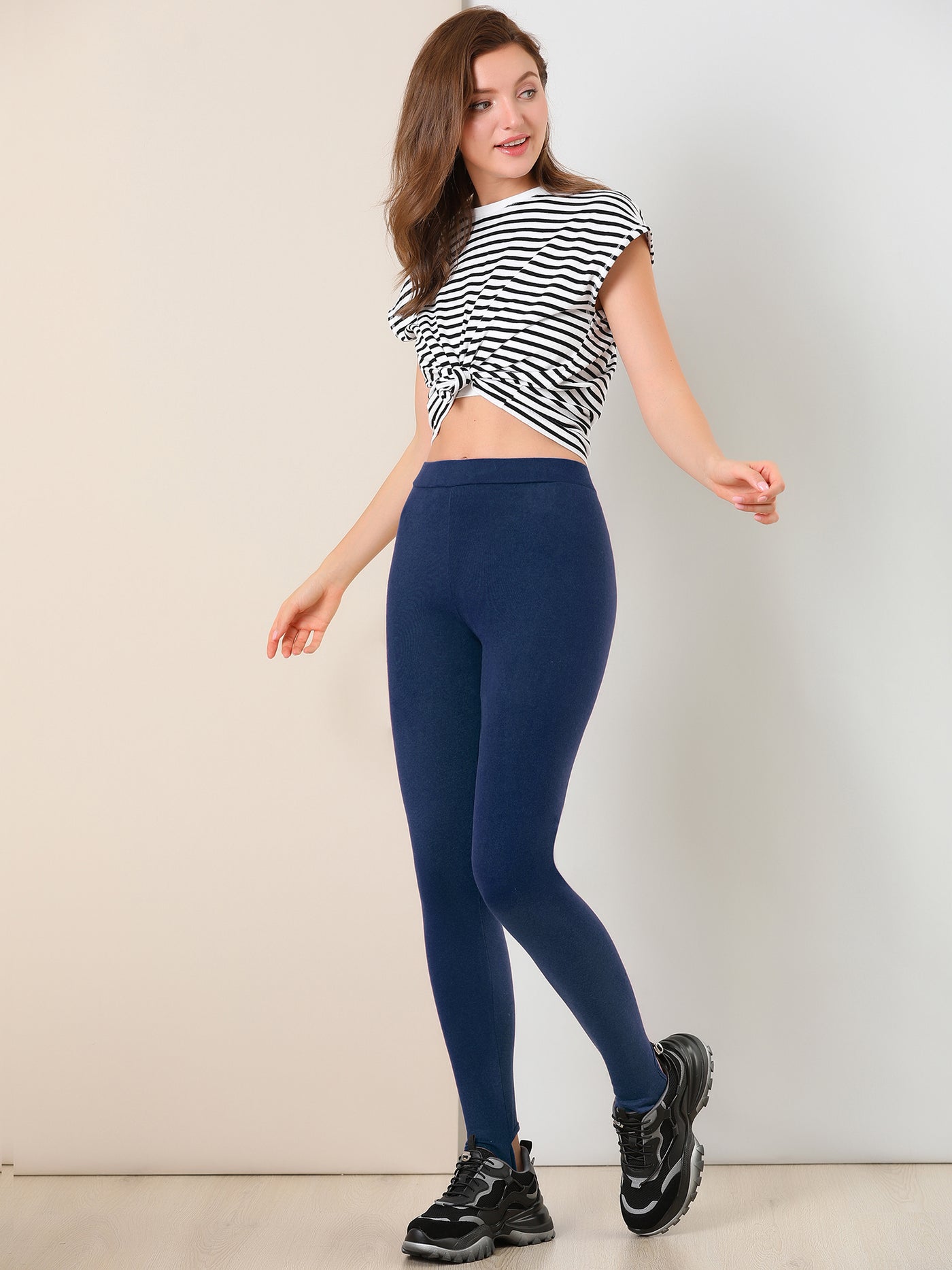 Allegra K Women's Elastic Waistband Soft Gym Yoga Cotton Stirrup Pants  Leggings Blacks X-Small