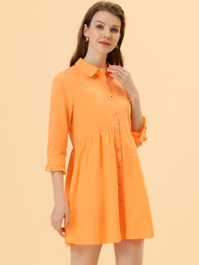 Ruched 3/4 Sleeve Button Up Casual Mini Shirt Dress